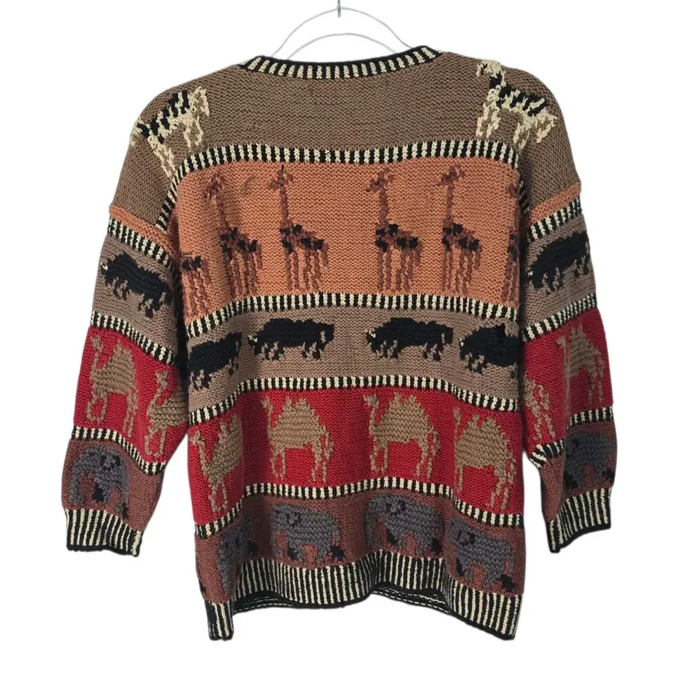 Vintage 90s 20 Ans Marisa Christina Safari Animal Knit Cardigan Sweater M
